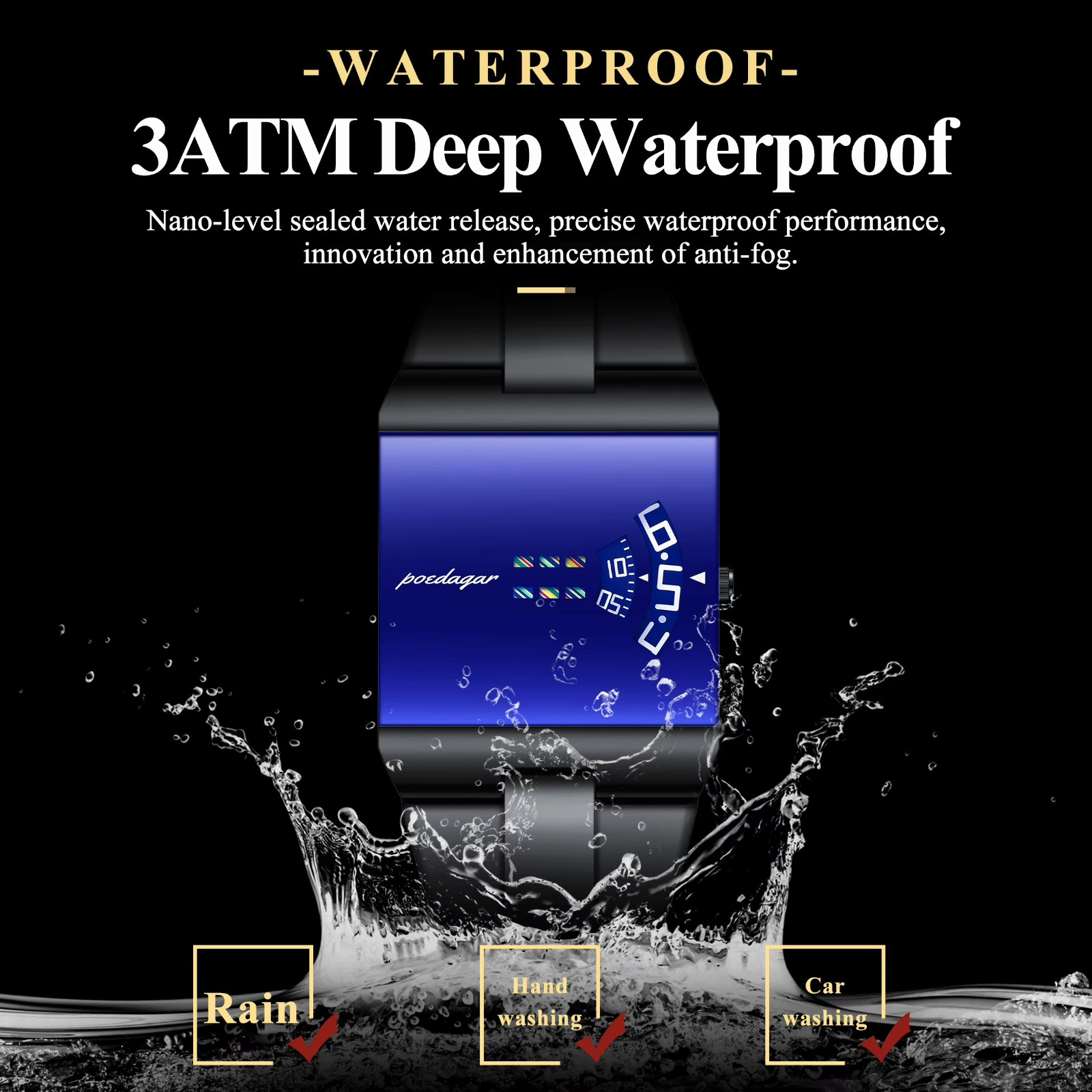 Men’s Watch Stainless Steel Quartz Waterproof Rectangle Luxury Stylish POEDAGAR