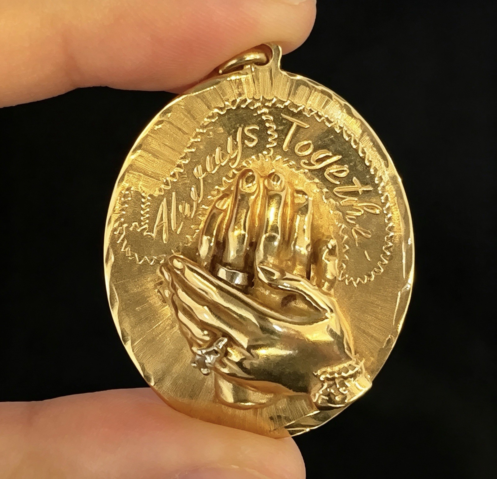 14K Gold “Always Together” Medal Pendant Couple Hands With Diamond