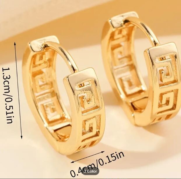 NEW VERY SMALL HUGGIE GREEK KEY ROUND HOOP EARRINGS 18k YELLOW GOLD PLATED .51″