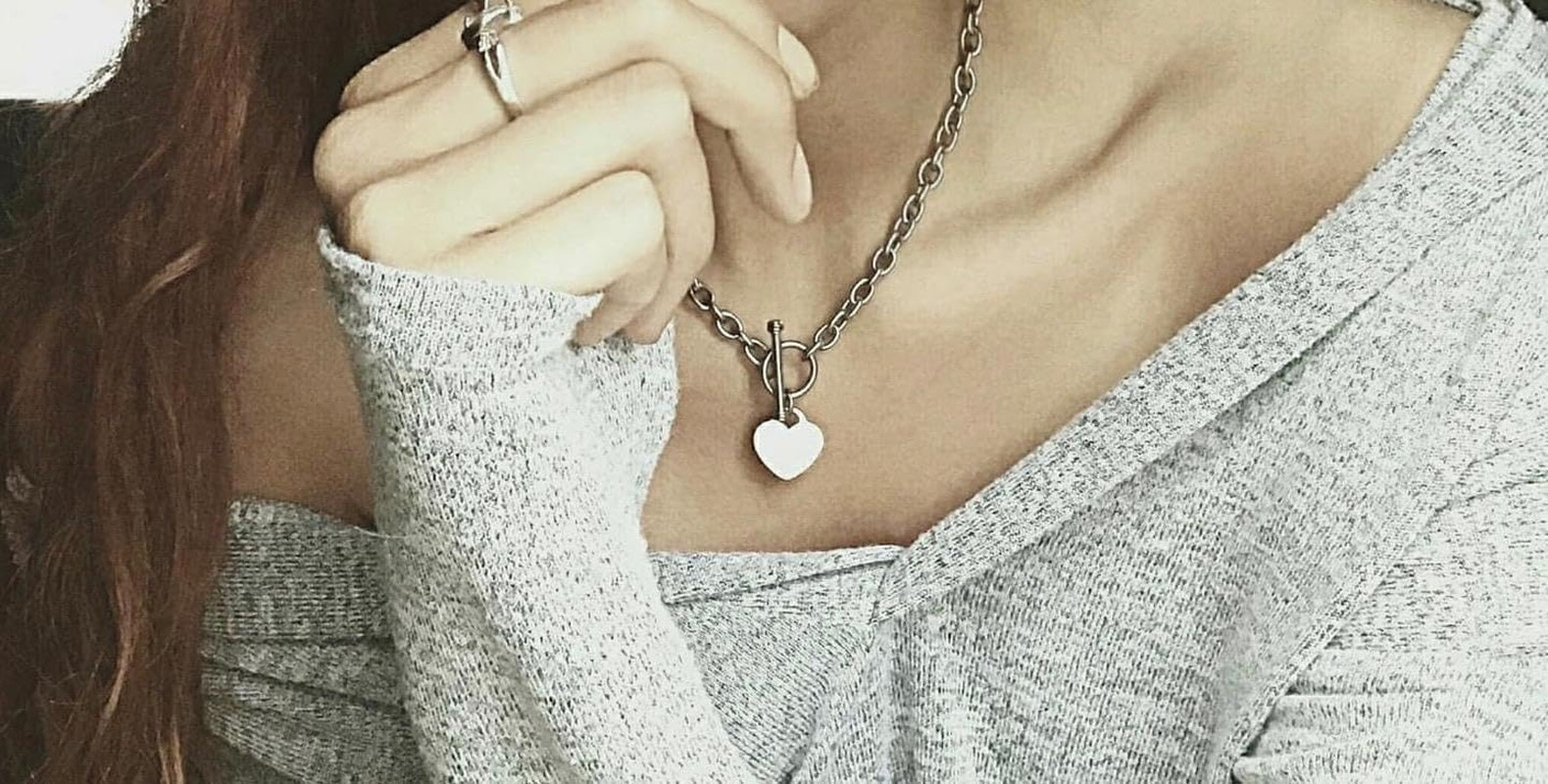 High Polished Stainless Steel Heart Charm Cable Chain Necklace with Toggle Clasp