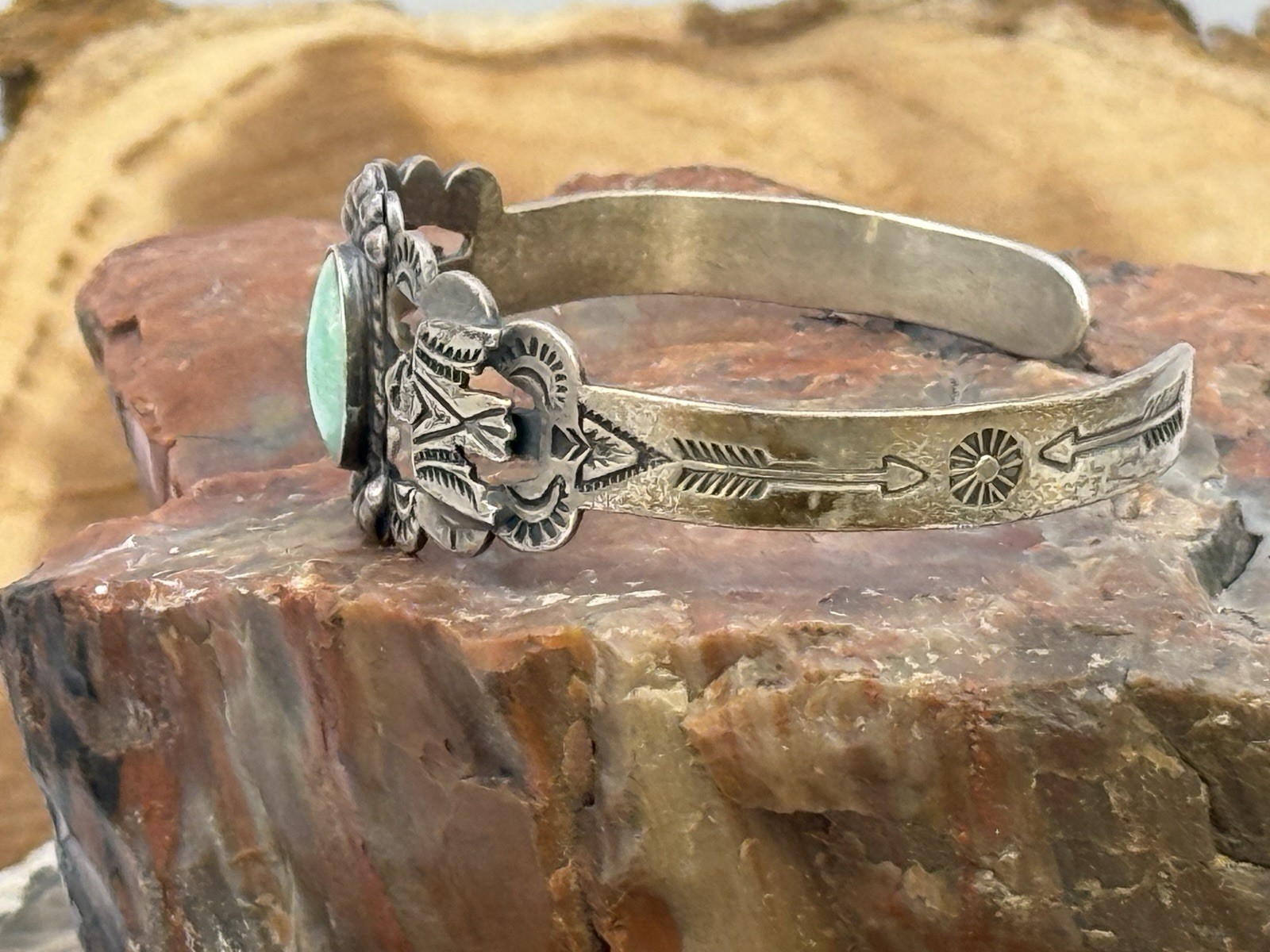 Vintage Navajo Fred Harvey Era Coin Silver Turquoise Stamped Cuff–1723.26