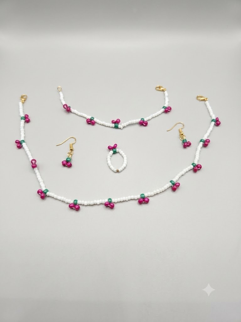 Handmade Cherry Beaded Necklace & Bracelet Set – Cute Aesthetic Gift for Her