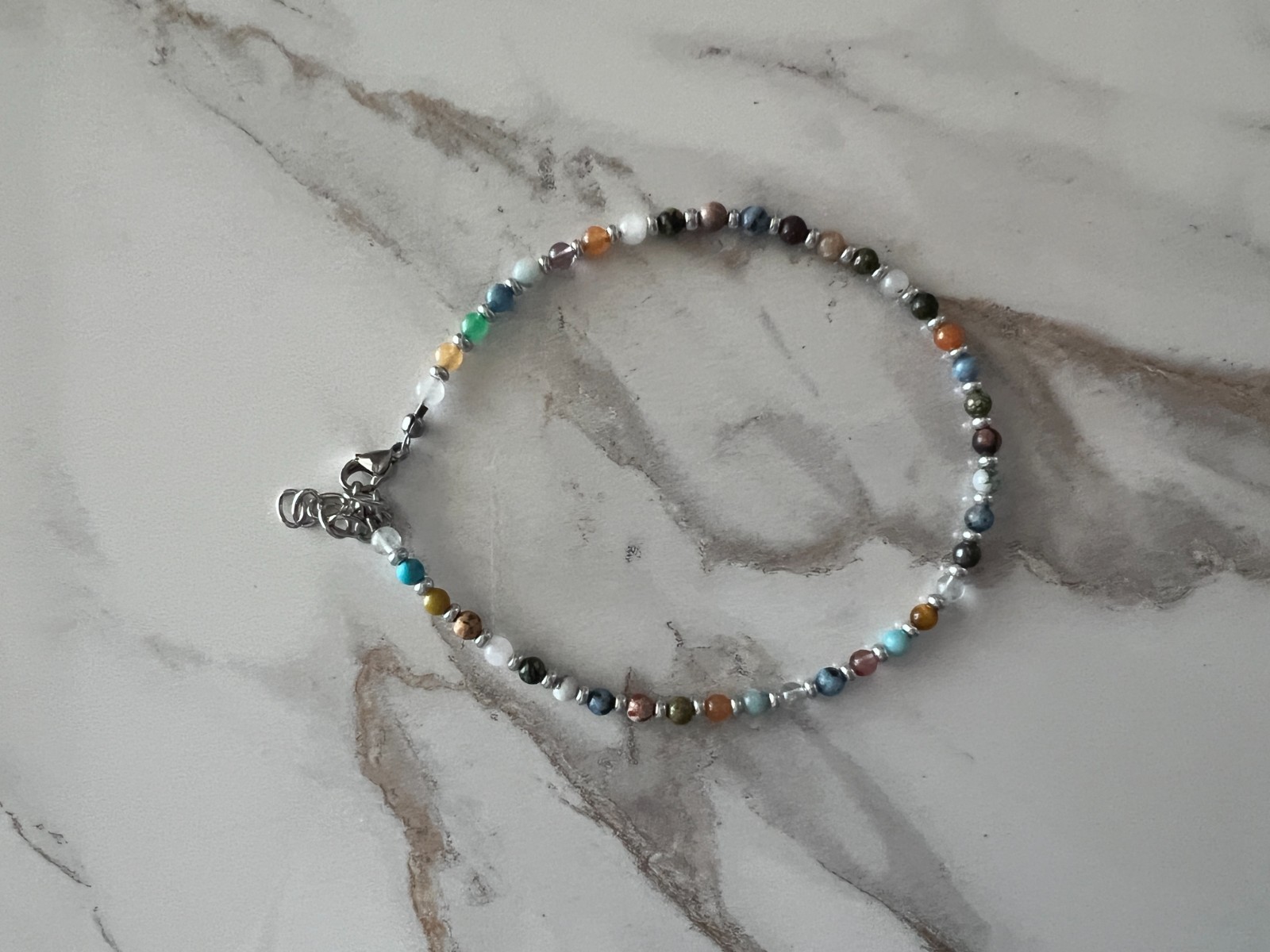New! Multi-Stone & Stainless Steel Handmade Anklet 10 1/8 to 11 1/2 inches – A89