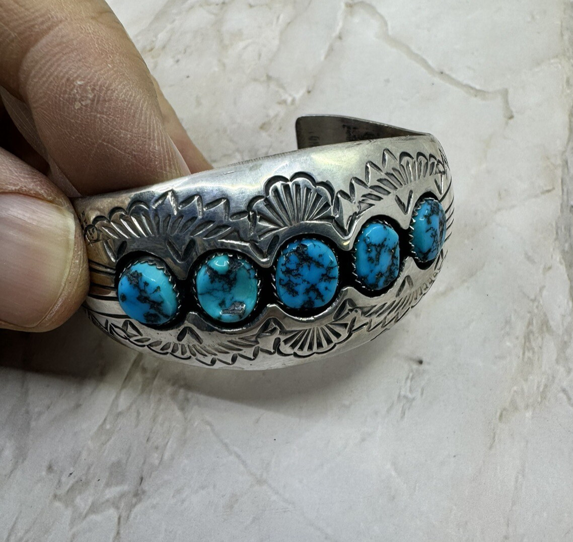 Vintage Navajo 925 Sterling Silver and Turquoise P. Benally Cuff Bracelet 43.3 G
