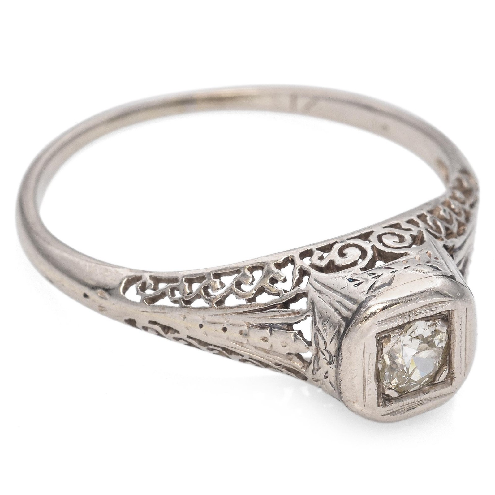 Vintage White Gold 0.11ct Old Euro Diamond Filigree Engagement Ring