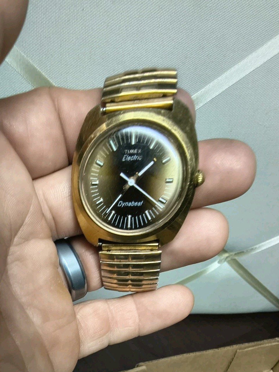 Vintage 1976 Timex Electric Dynabeat Mens Watch Brown Fume Dial Gold Tone Case