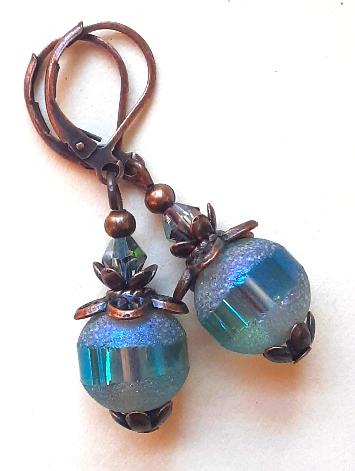 TEAL FROSTED CRYSTAL DROP earring COPPER LEVERBACK handcrafted XX