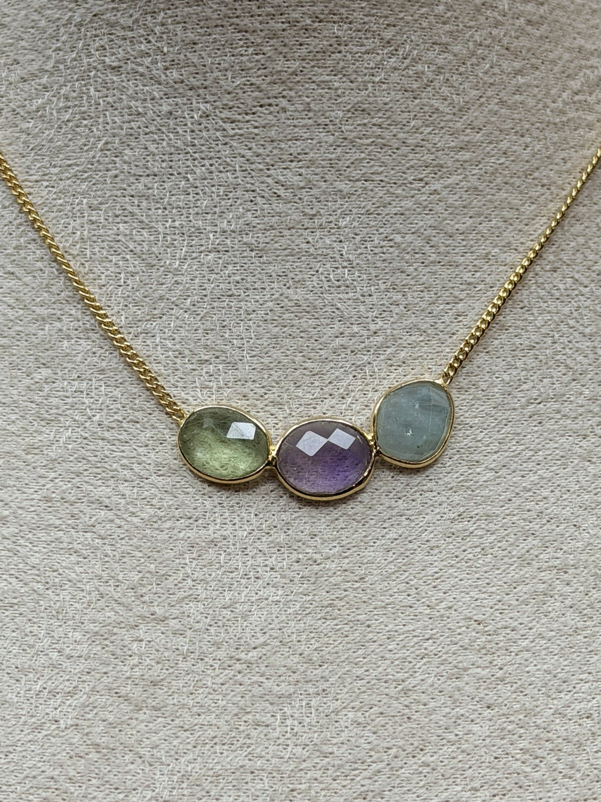 18K Gold Plated Three-Stone Necklace – Green, Purple, Blue
