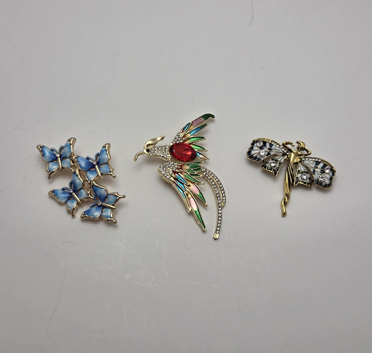 Gold Tone Lot of 3 Butterfly & Bird Brooch Pins Multicolor Enamel Rhinestone