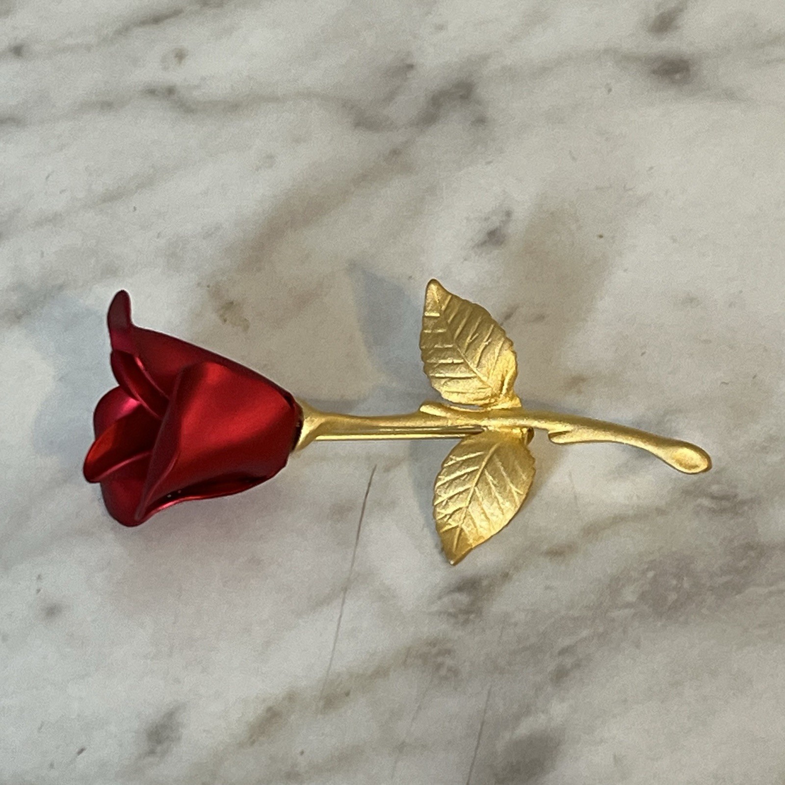 Vintage Rose Brooch Matte Gold Tone Stem Shiny Deep Red Rose 2.25in Pin