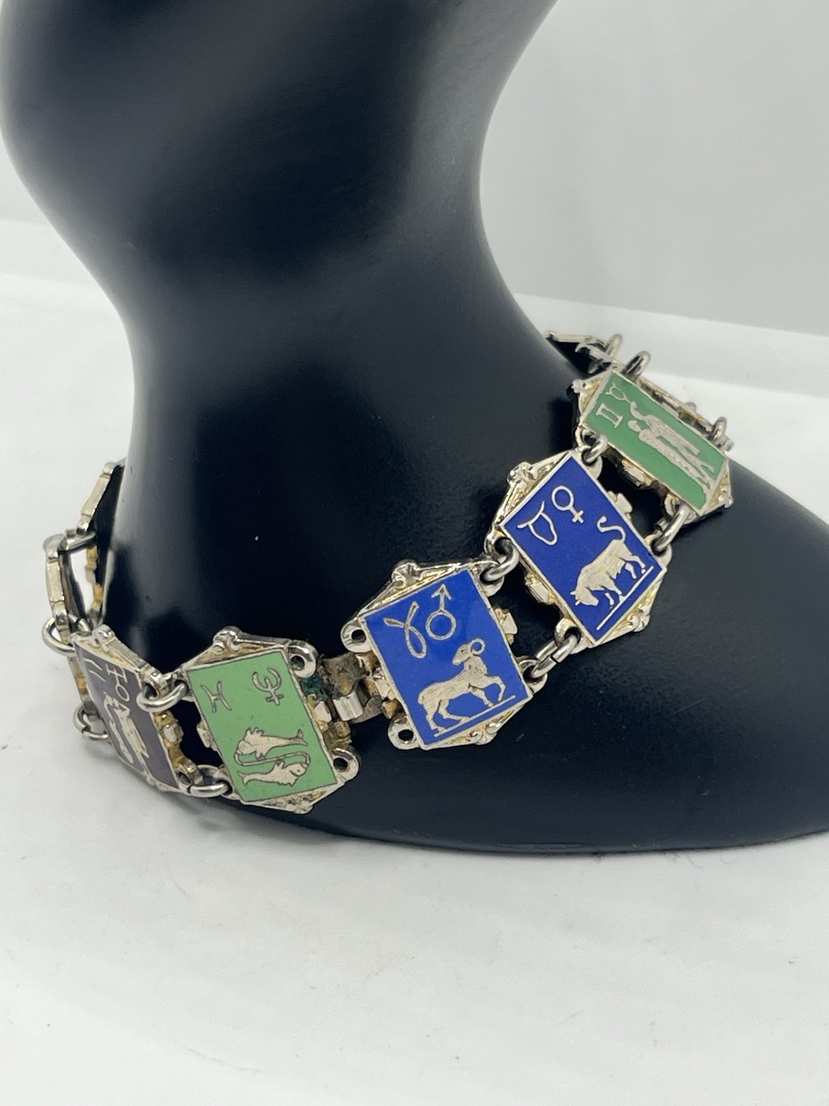 Zodiac astrology signs colorful enamel silver tone chain vintage bracelet