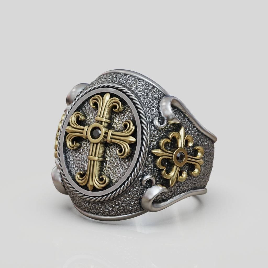 Oxidized Men’s Religious Christianity Cross 925 Sterling Silver Statement Rings