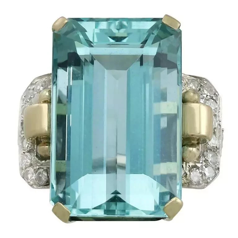Two-toned late century style 30.21 CT aquamarine & CZ Ring 925 Sterling silver