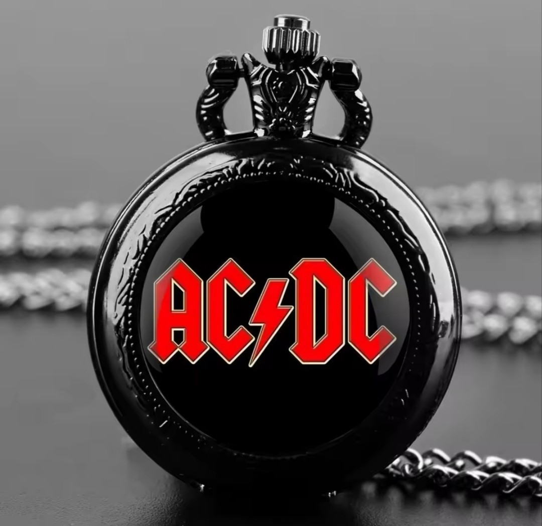 AC/DC Rock Band Pocket Watch – Black Stainless Steel Quartz Necklace with Chain
