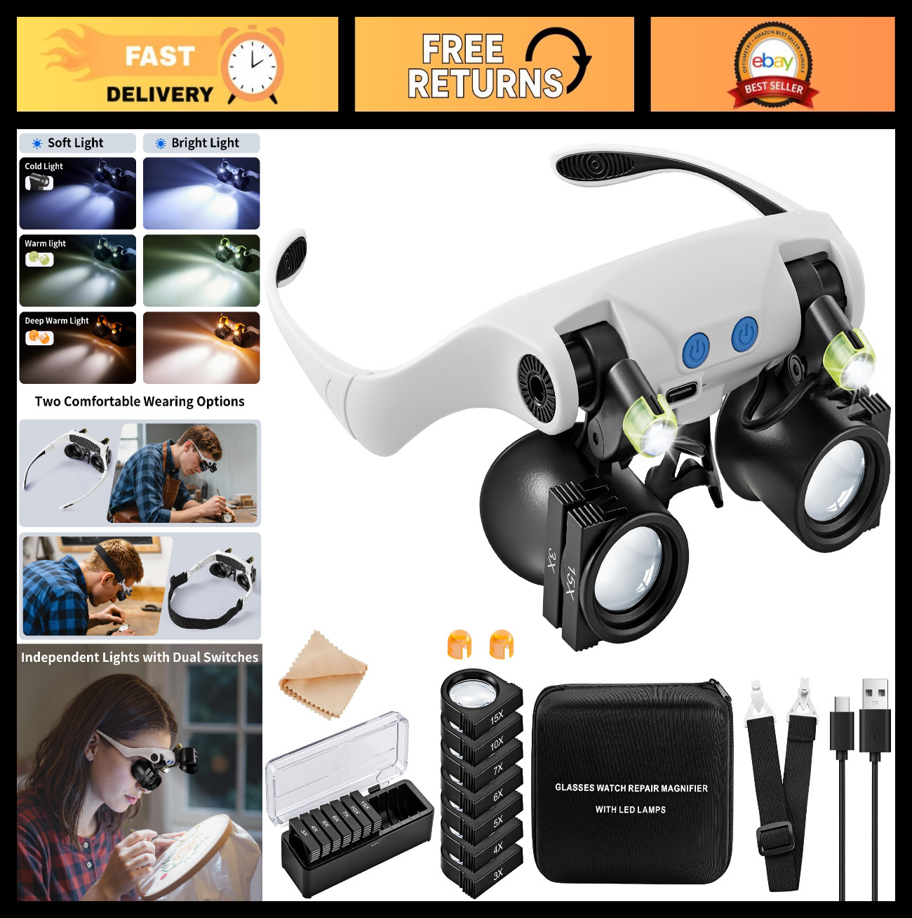 Hands-Free LED Magnifying Glasses with 14 Lenses, 3X-15X for Crafts & Repair