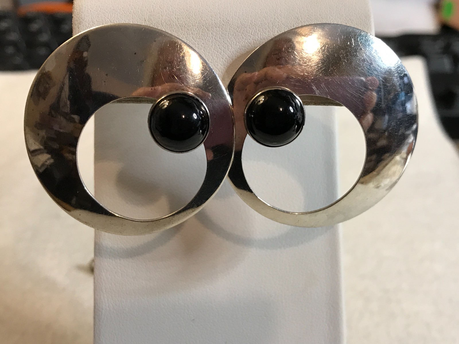 Sterling Silver Contemporary Modern Circle Blk Onyx SUSAN CUMMINGS Post Earrings