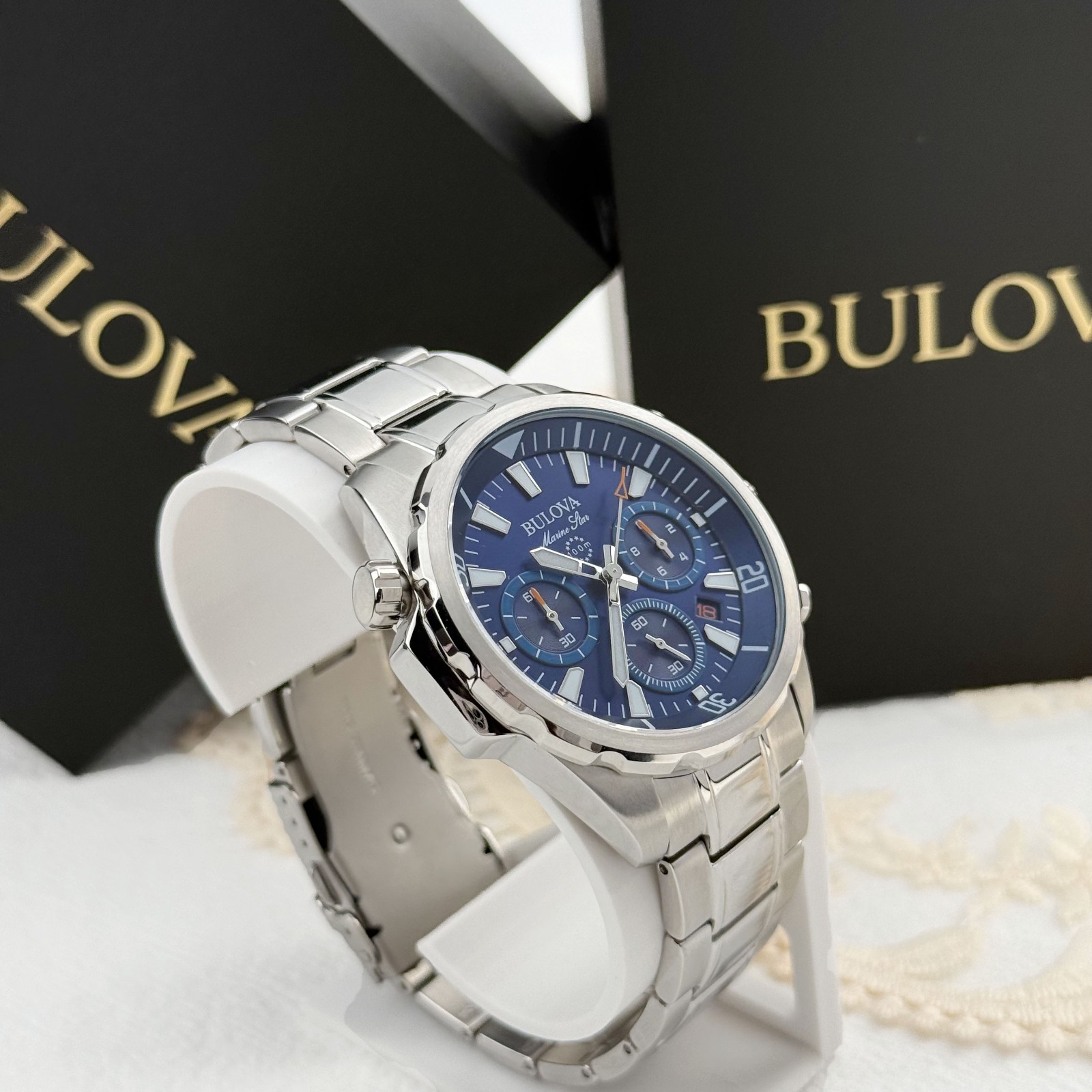 Buluva 96B256 Men’s Marine Star Chronograph Blue Dial Stainless Steel Watch 43MM