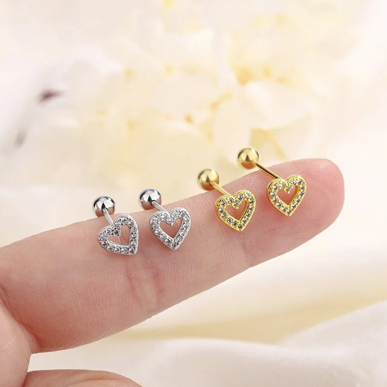 1 Pair Heart Stud Earrings for Women Hypoallergenic Screw Back Cartilage Jewelry