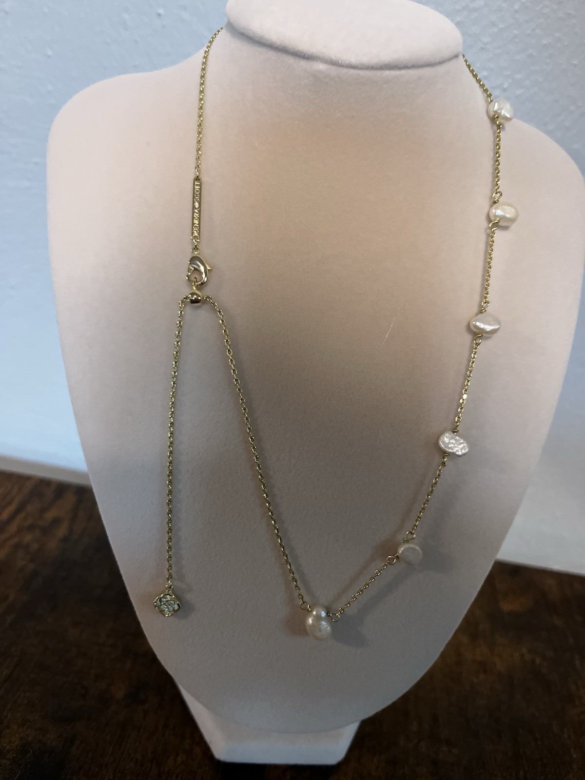 Kendra Scott Gold Tone Station Baroque Pearl Necklace Cable Chain Extender