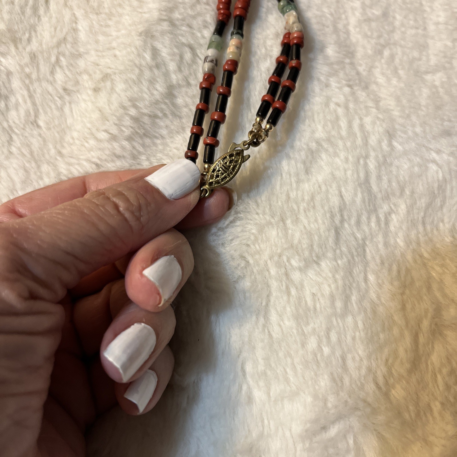 Jade & Other Semi Precious Bead Double Strand Necklace Vintage 18”