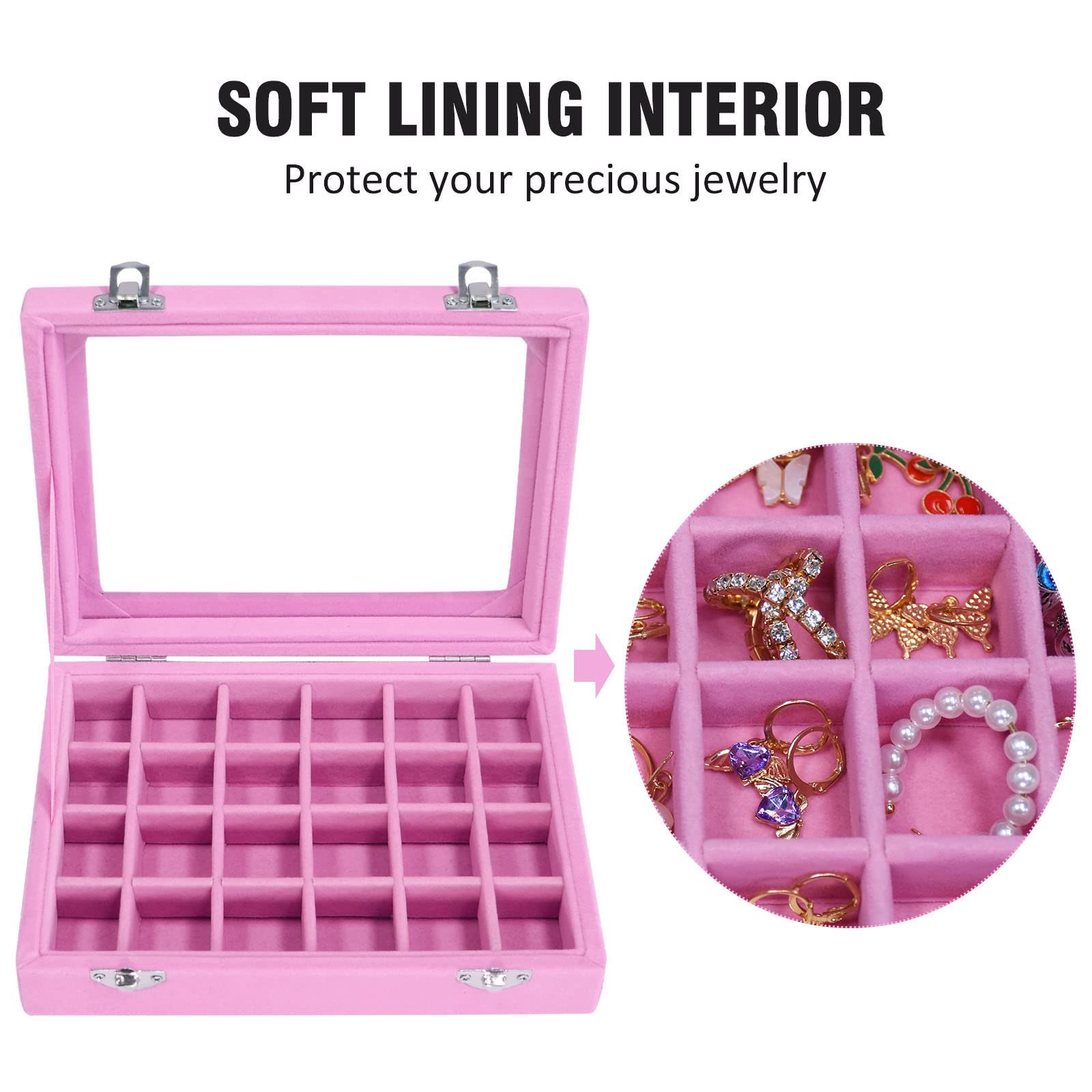 Vicoter Velvet Jewelry Box 24 Grid Ring Display 24 Grid, Pink