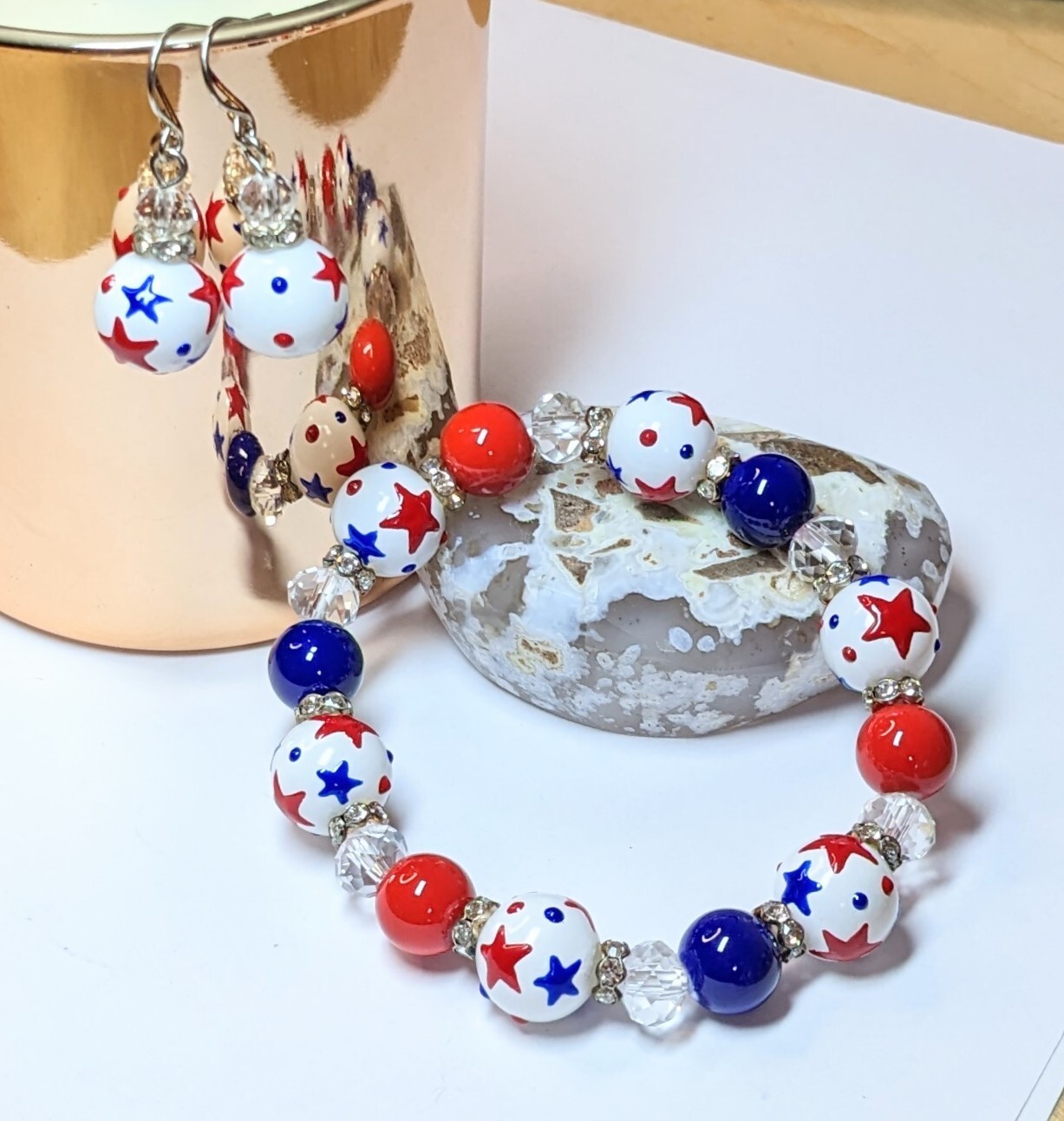4th of July Bracelet Earring set RWB Stars Beaded Stretch Bracelet Earrings