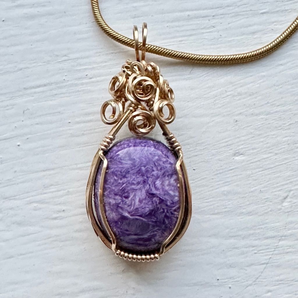 Artisan Charoite Gemstone Pendant 14K Gold filled Snake Chain Necklace