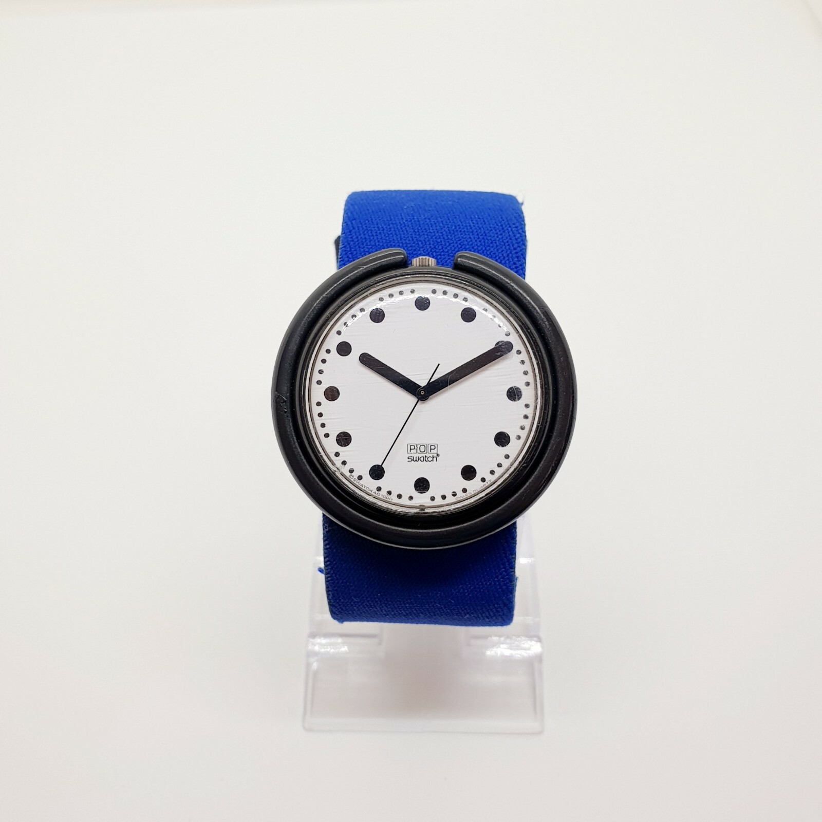 1990 Rare Pop Swatch Watch Black Dots Seconds Hand no Lume Blue Pop Strap 90s
