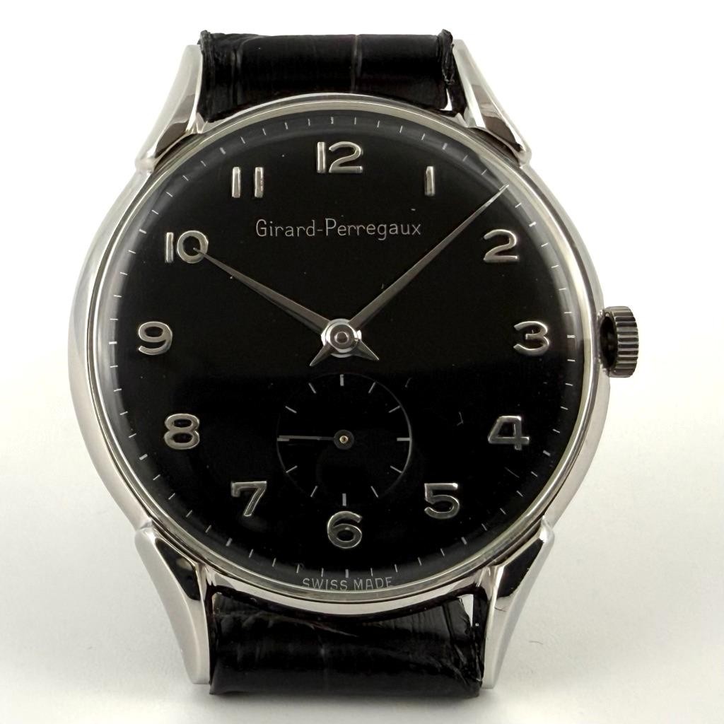 SWISS FINE GIRARD PERREGAUX LONG FANCY LUGS BOLD BLACK DIAL MANUAL WIND VINTAGE