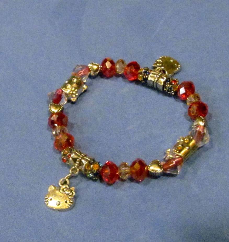 Hello Kitty Bracelet with Red & Pink Crystal, Glass Beads, Stretch Design