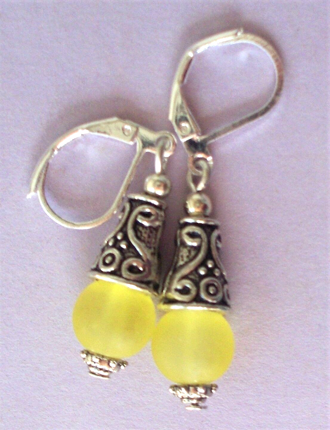 lemon yellow BEACH SEA FROSTED GLASS earring SP HANDCRAFTED leverback xx