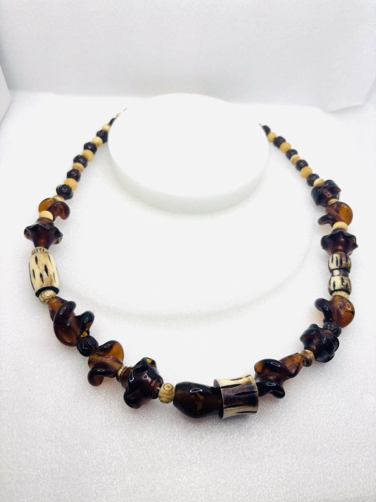 Safari Necklace dark, swirling resin or glass beads, bone/horn cylinders Tribal