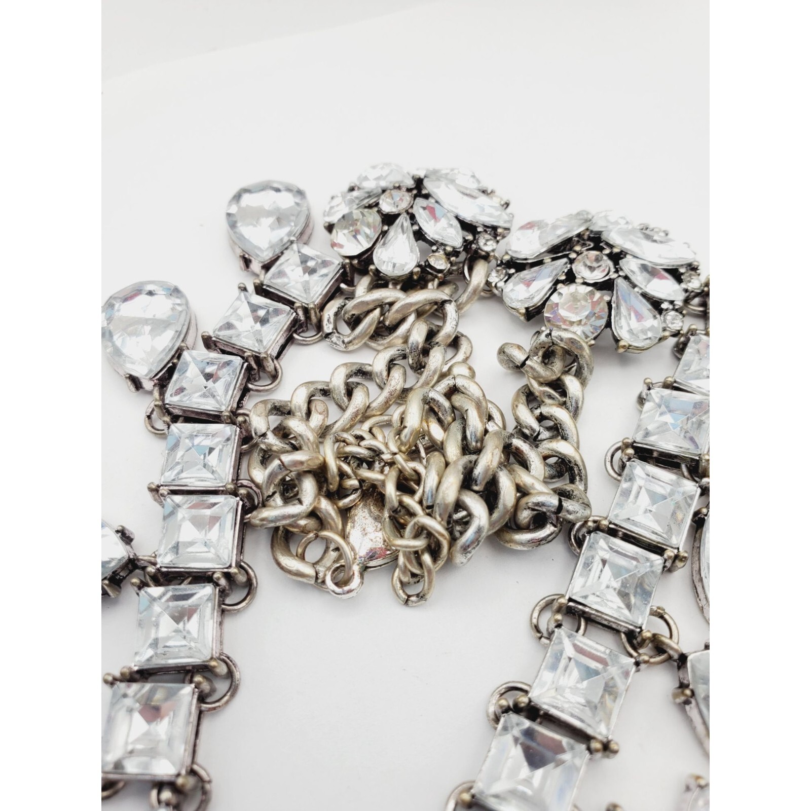 Statement silver tone Rhinestone flower square tear drop pear Necklace 18″
