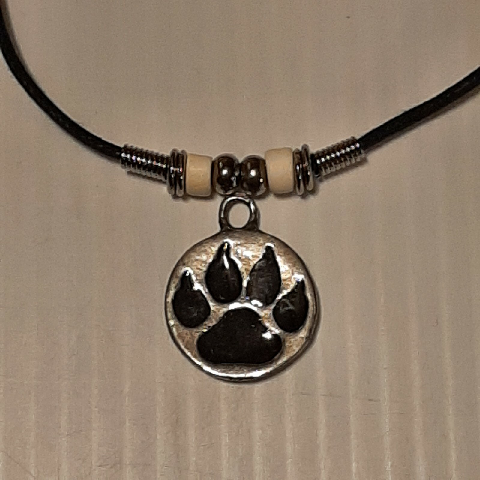 WOLF PAW PRINT Pewter Pendant Charm / ROPE NECKLACE WITH COLOR BEADS