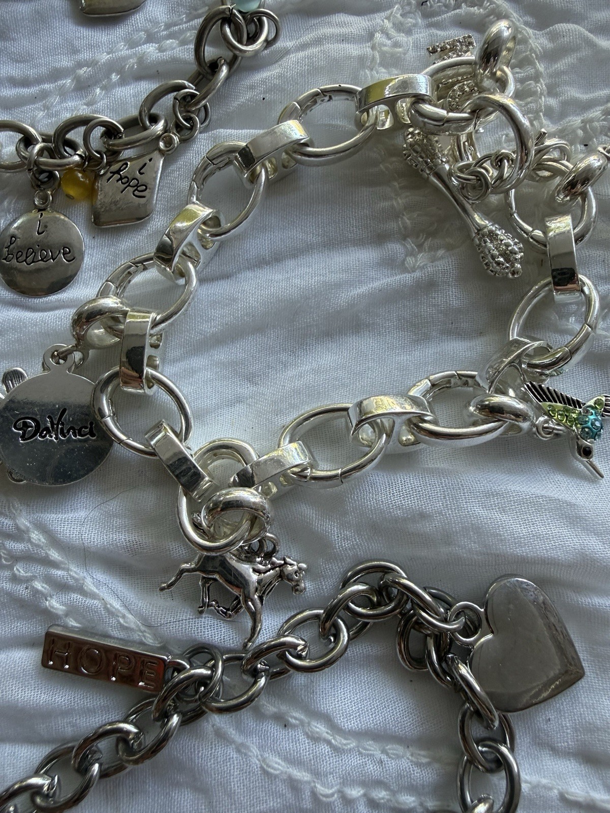 LOT OF 8 Silver Tone Charm Bracelets Chicos Da Vinci Washington DC Angel Purse