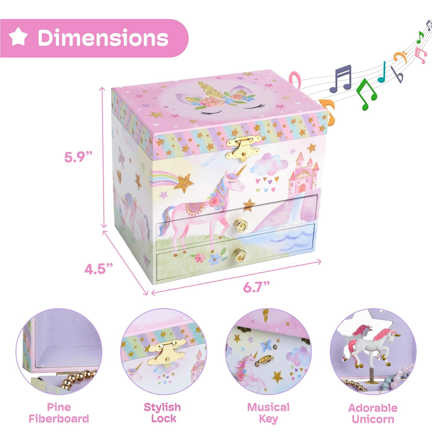 Jewelkeeper Jewelry Box for Girls with 2 Drawers – Unicorn Music Box with Gli…