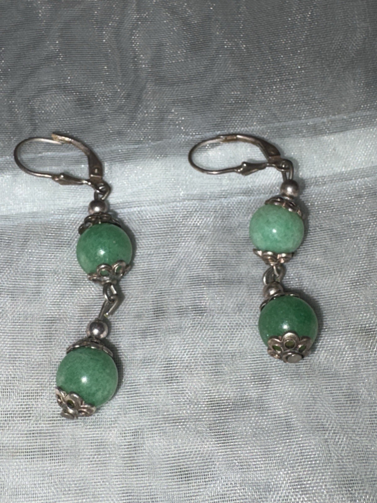 Sterling Silver Green Round Jade Stones Dangle/Drop Leverback Earrings