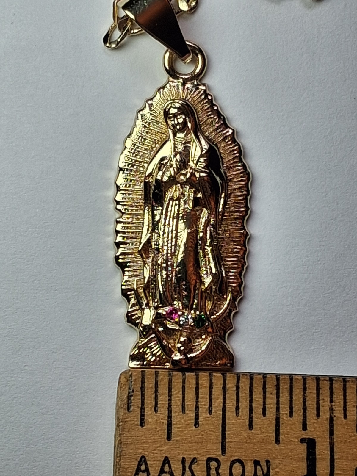Virgin of Guadalupe Pendant & 25.5″ Figaro Link Chain, Yellow-Gold Plated