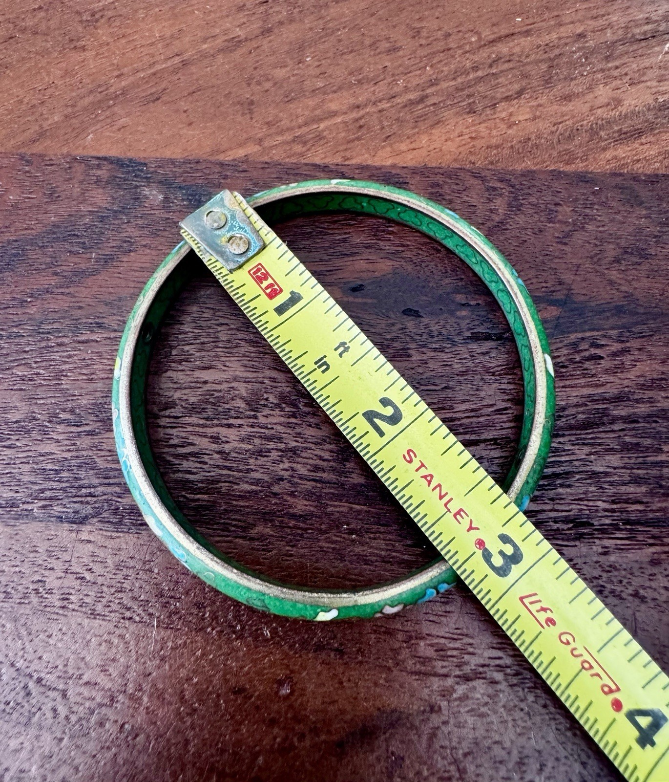 Vintage Green Brass Floral Design Cloisonne Enamel Skinny Bangle Bracelet Asia