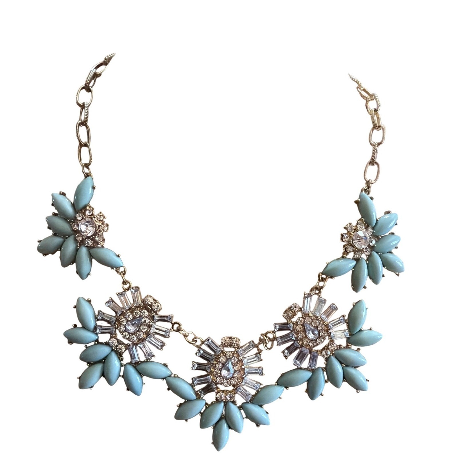 Light Blue Gold Tone Floral Bib Statement Necklace Rhinestone Crystal Sunburst