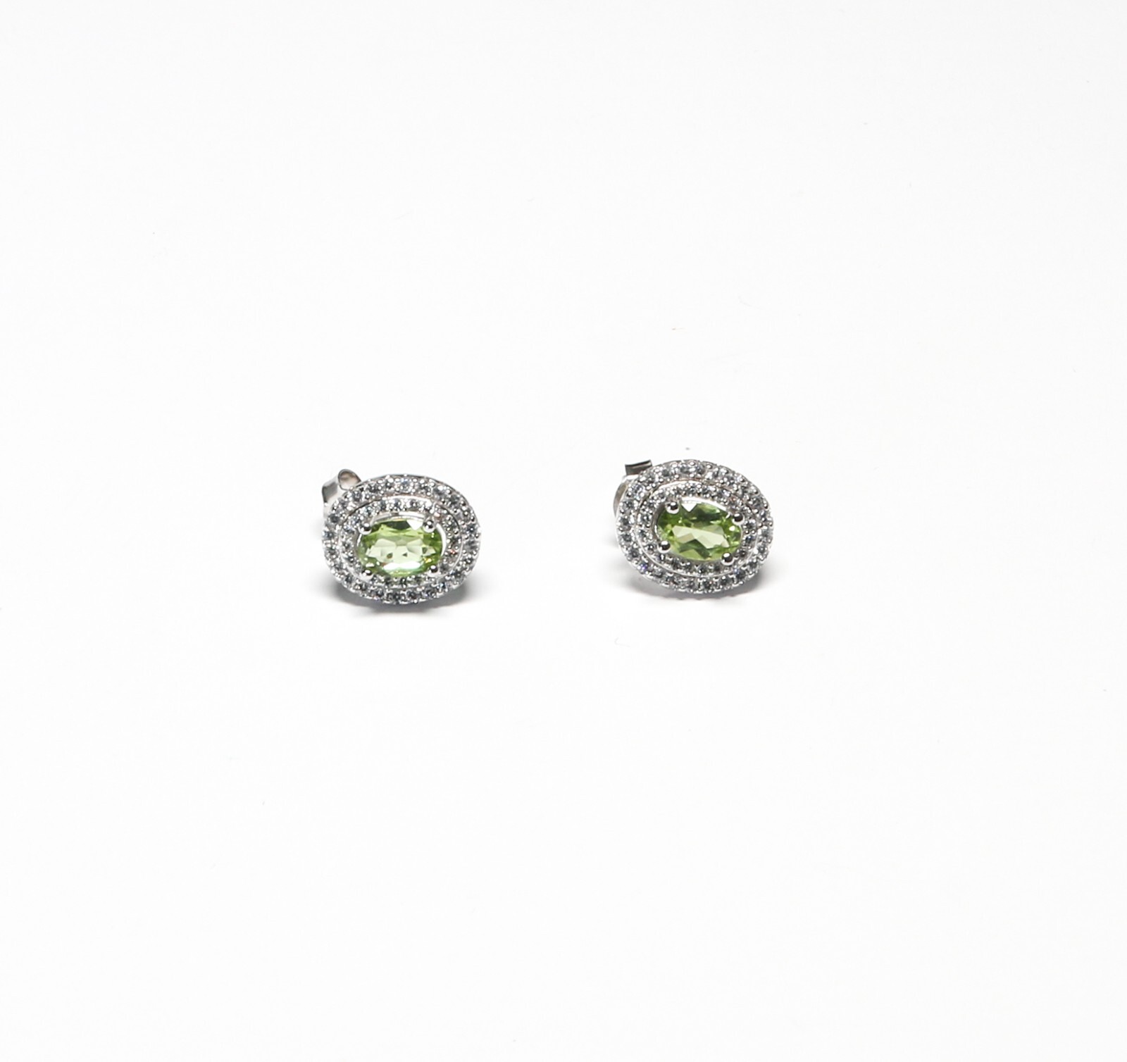 Sterling Silver Oval Cut Natural Peridot & CZ Pierced Earrings 11.35mm x 9.5mm