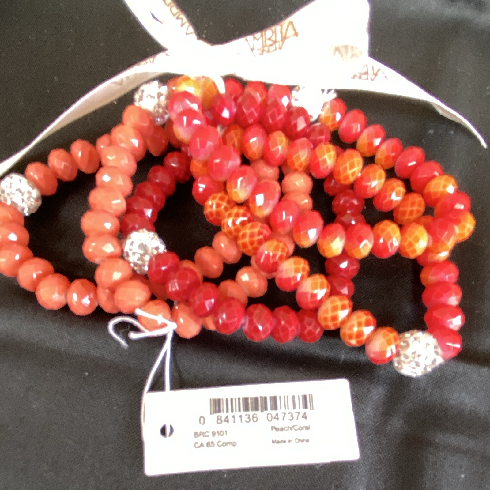 AMRITA Set of 5 Peach/Coral Beaded Stretch Bracelets Round Beads
