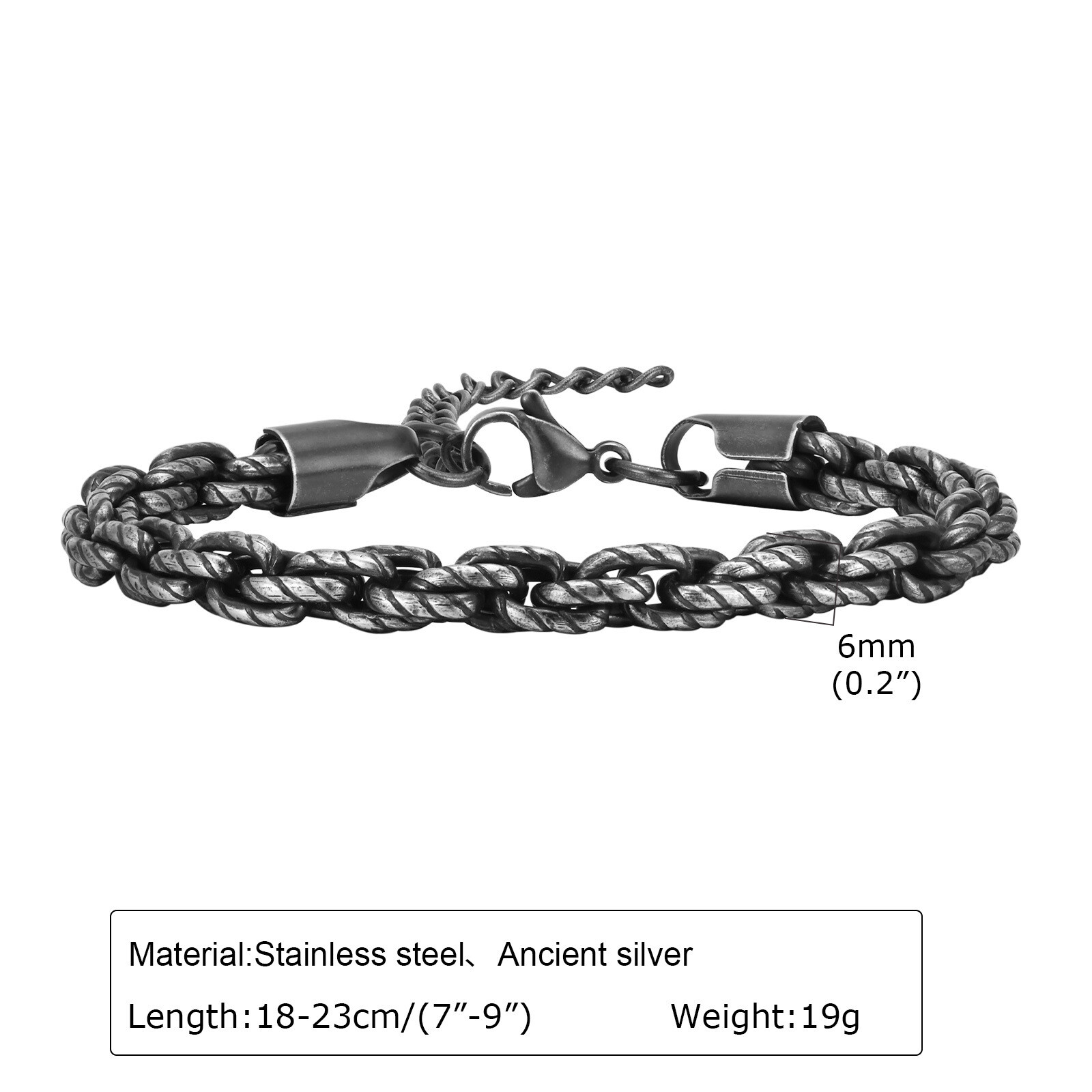 7″-9″ Silver Black Chain Bracelet Retro Men’s Stainless Steel Engagement 18-23cm
