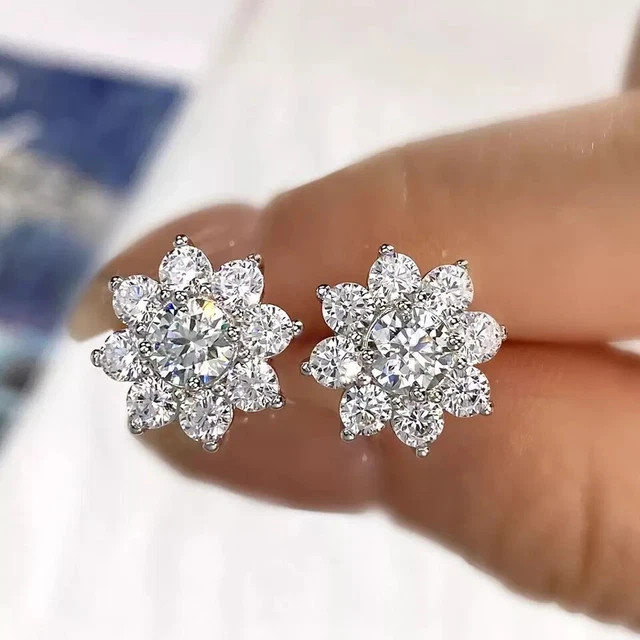 2.00 Ct Round Cut Flower Lab Grown Diamond Stud Earrings 14k White God Plated