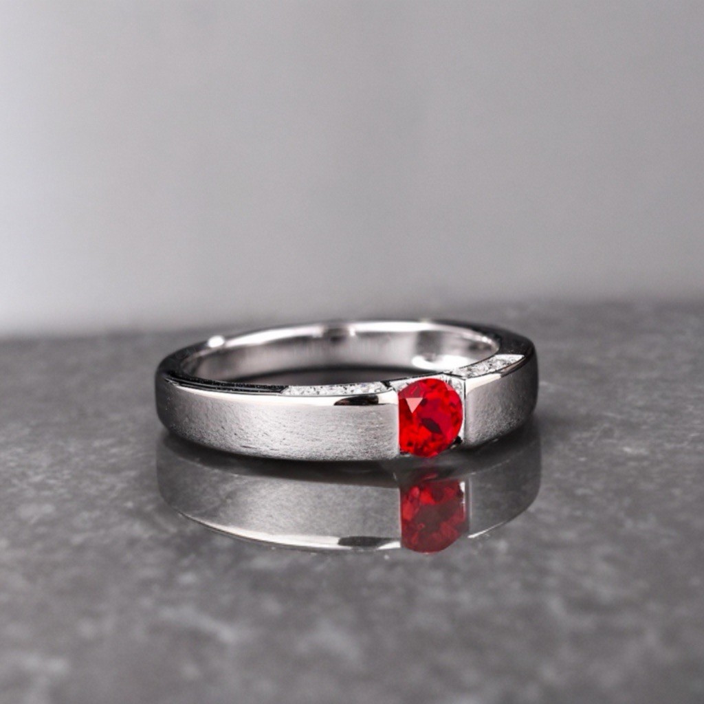 14k White Gold Plated 04mm Round Created Ruby Mens Dainty Wedding Band