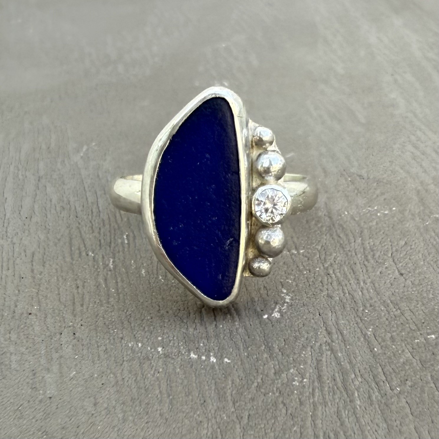 Cobalt Blue Genuine Caribbean Sea Glass Sterling Silver Ring With CZ Gem. Size 9