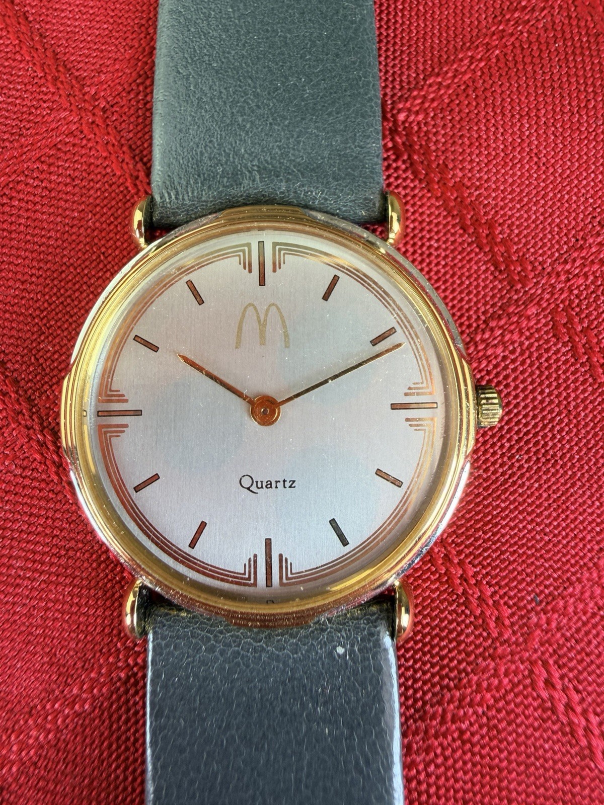 Vtg McDonalds Logo Quartz Watch 1980s NOS Gold Tone Black Strap France