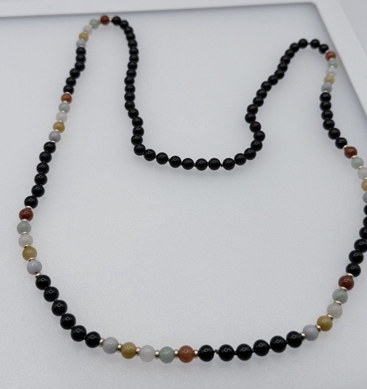 14K Gold Spacer 32” Vintage Nephrite Jade Hand Knotted Multicolor Necklace 8mm