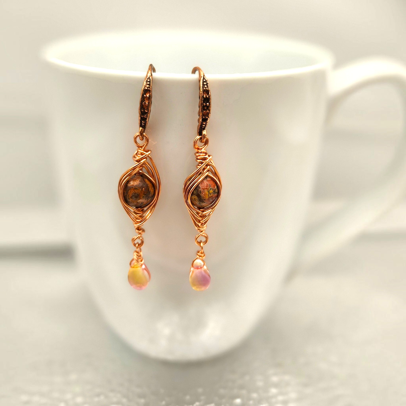 Handmade Stone Herringbone Wire Wrapped Dangle Earrings Gold Silver Bronze