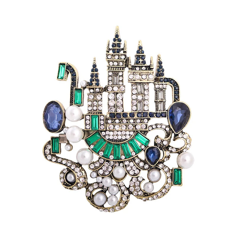 Vintage castle alloy rhinestone brooch colorful diamond crystal pearl Badge